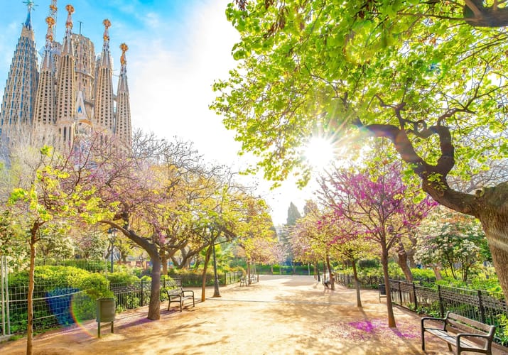La Sagrada Fam&iacute;lia i Barcelona set fra parken &ndash; Antoni Gaud&iacute;s ikoniske basilika